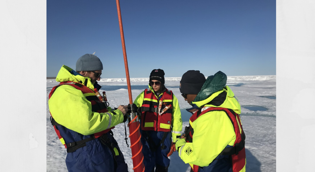 Three people in neon standing on ice - Also image of helicopter over icy water